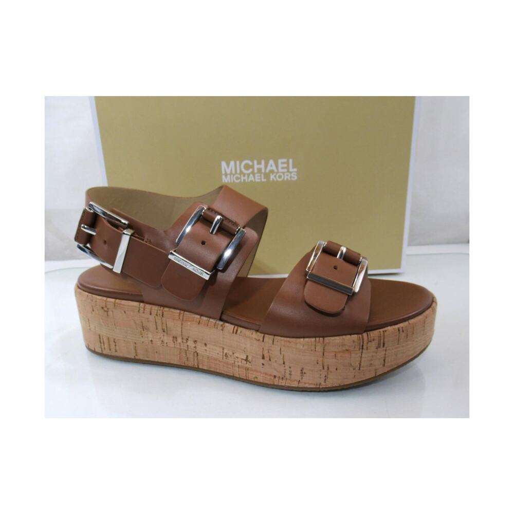 Michael Kors Colby Flatform Wedge Sandal Leather Luggage Light Brown